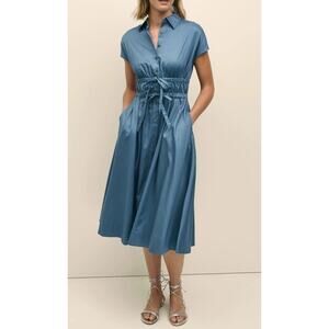 Brooks Brothers Cotton Smocked Waist Cap Sleeve Midi Shirt Dress Blue Medium